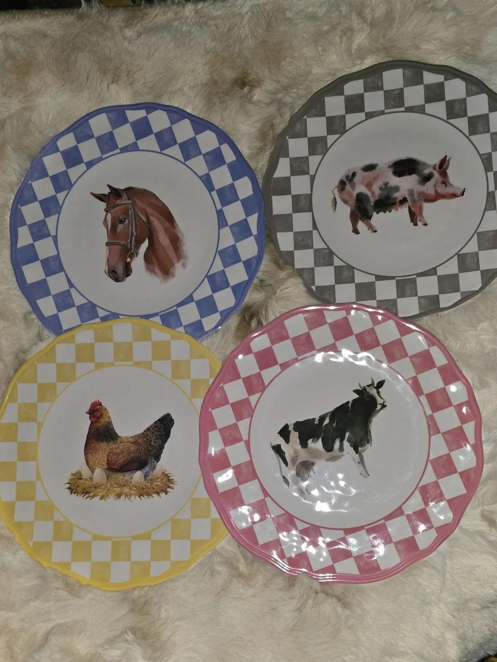 Farmhouse Checkered Dinner Plates Set - Blue, Gray, Yellow, Pink